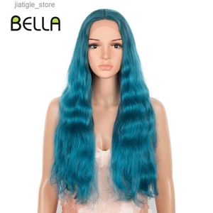 Synthetische pruiken Bella Synthetische kanten pruik 28 inch T-deel Lange golvende vrouwen Pruiken Ombre blauwe blonde kleur cosplay synthetische pruik hittebestendige vezel y240401