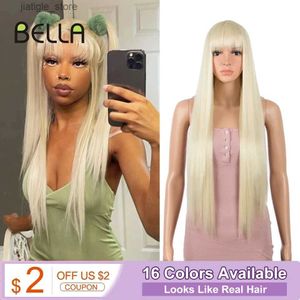 Perruques synthétiques Bella Wig synthétique Perruque à cheveux raide avec frange Blonde 613 Purple Purple Colorful Res résistant aux femmes Cosplay Lolita Y240401