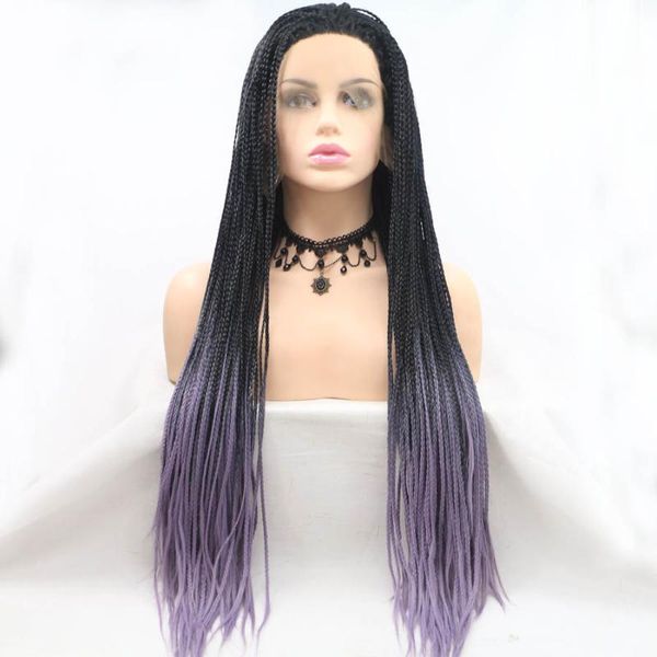 Perruques synthétiques Black Purple Gradient Natural Long Hair Boîte tresses Braids Front de cosplay frontal dentelle pour les femmes