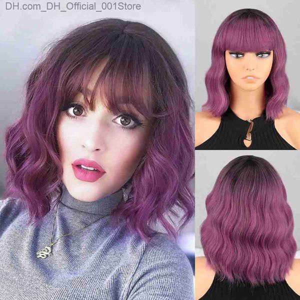 Perruques synthétiques Noir violet Ombre brun ondulé Bob perruque femme cheveux blonds frange naturelle perruque synthétique ondulée résistante à la chaleur portée boucles de jeu de rôle quotidiennes Z230805