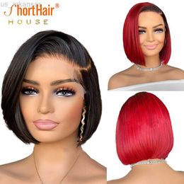 Perruques Synthétiques Noir Rouge Couleur Pixie Cut Perruque Court Bob Perruques Droite Perruques de Cheveux Humains Pour Les Femmes 13x4 Dentelle Avant Perruque T Partie Transparent Dentelle Perruque W0306