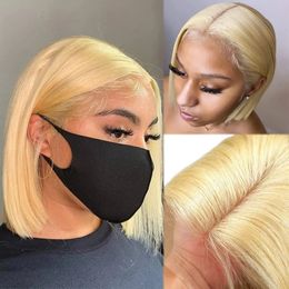 Synthetische pruiken Blonde Bob Pruiken Diep deel 13*4 Frontale pruik Echt haar Kanten Voorkant Pruiken voor Zwarte Vrouwen Voorgeplukt Gebleekte Knopen Blonde Kanten Pruiken 231010