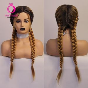 Perruques Synthétiques Blonde Longue Double Tressée Machine Perruque Ombre Rouge Résistant À La Chaleur Bleu 2 Tons Couleur Cosplay Pour Les Femmes Noires Oley 230314