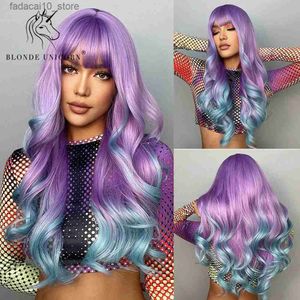 Synthetische pruiken Blond Eenhoorn Lang golvend Pruik Ombre Paars tot blauw Voor VROUWEN Cosplay Halloween Hittebestendige vezel Pony Haar Q240115