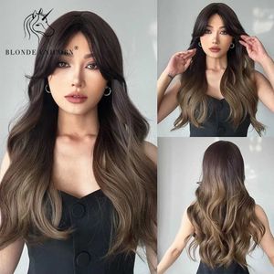 Perruques synthétiques Blonde licorne synthétique longue perruque ondulée Ombre brun pour les femmes fête quotidienne utilisation de mariage perruques résistant à la chaleur fibre frange cheveux 240328 240327