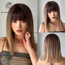 Perruques synthétiques Unicorne blonde Moyenne synthétique Long Straitement Brown Wig For Women Cosplay Wigs Party Wigs Resistant False Hair HKD230818