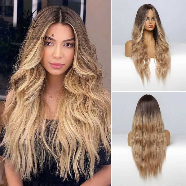 Perruques synthétiques Blonde Licorne Perruque Synthétique Ombre Blonde Brun Longues Perruques Partie Moyenne Perruque De Cheveux Quotidien Naturel Ondulé Fibre Résistante À La Chaleur pour Femmes 240329