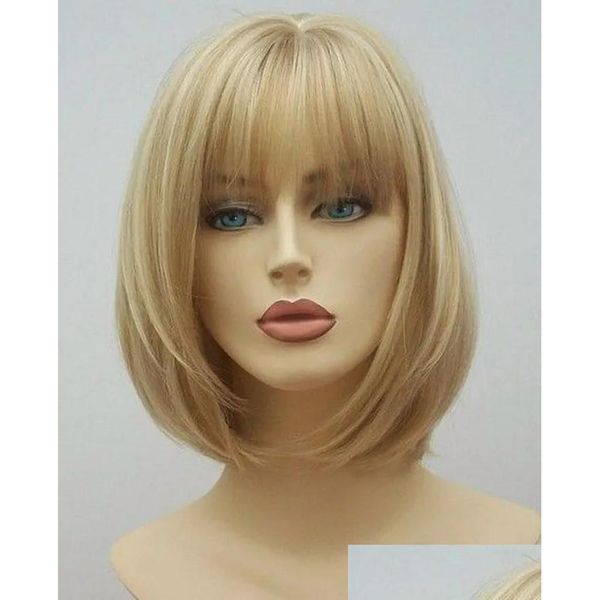 Perruques synthétiques perruque blonde droite Simation cheveux humains Bobo avec frange pour femmes blanches noires Zhswh83 produits de livraison directe Otgnp
