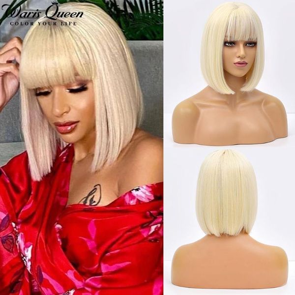 Pelucas sintéticas Peluca rubia con flequillo Bob corto y recto para mujeres Resistente al calor Fiesta de cosplay natural Cabello diario Tamaño mediano