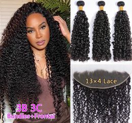 Perruques synthétiques Brésiliennes 3B 3C Spirales Bouclés Bundles Avec Frontal 10A Pixie Curl Vierge Cheveux Humains Crépus Bouclés Armure Avec Fermeture 231211