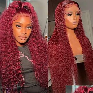 Synthetische pruiken Braziliaans haar Deep Wave Wig Bury Bury Red Lace Front 13x4 HD Frontal 360 FL Curlywig vooraf geplukte druppel leveringsproducten DHJV4