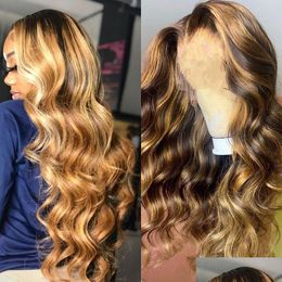 Perruques synthétiques Cheveux brésiliens Highlight Blonde Lace Front Wig Ligne de cheveux naturelle Fibre haute température Vague de corps Noir / Rose / Blond / R Dhdif