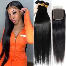 Perruques synthétiques Cheveux brésiliens Weave Bundles Cheveux raides Bundles avec fermeture Meche Bresilienne Cheveux Humain Tissage Bresiliens Avec Closure 231211