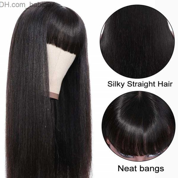 Pelucas sintéticas Pelucas de cabello sintético virgen brasileño con flequillo limpio Ninguna Pelucas delanteras de encaje Peluca hecha a máquina sin cola Resistente al calor Mujeres negras Larga recta Z230801