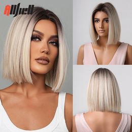 Perruques Synthétiques Brun Blond Ombre Court Droit Bob pour Femmes Partie Moyenne Lolita Cosplay Cheveux Naturels Fibre Résistant À La Chaleur 230627