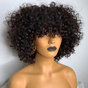 Perruques synthétiques Perruque de cheveux bouclés brésiliens Remy de couleur brune avec frange 180% densité vague profonde sans colle perruques de cheveux humains pour les femmes noires sans perruque de dentelle 231012