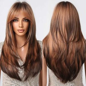 Synthetische pruiken Bruin tot licht asbruin blond Pruiken met pony Gelaagde synthetische pruiken voor dames Lang natuurlijk haar Cospay Party 240328 240327