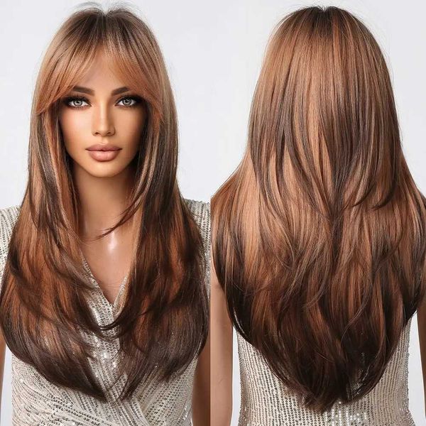 Perruques synthétiques marron à brun cendré clair perruques blondes avec frange perruques synthétiques en couches pour femmes cheveux naturels longs Cospay Party 240328 240327