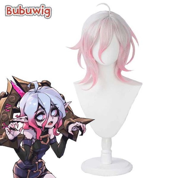 Pelucas sintéticas Bubuwig Pelo sintético Briar Pelucas de cosplay Juego LOL Briar 40 cm Mujeres Medio Largo Recto Blanco Mezclado Rosa Peluca Resistente al calor 240328 240327