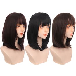 Perruques synthétiques BUQI perruque droite de longueur moyenne avec frange noir brun Anime Cosplay pour femme femme faux cheveux quotidiens femmes cheveux