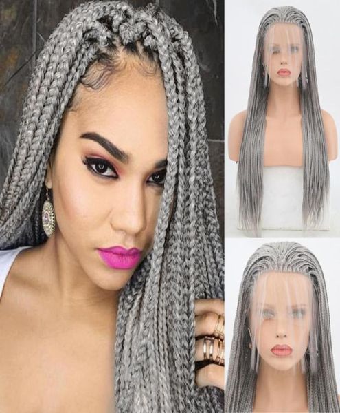 Perruques synthétiques Charisma argent gris tressé dentelle avant perruque partie boîte tresses avec des cheveux de bébé pour les femmes noires 8518446