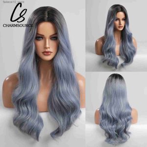 Pelucas sintéticas Charmaurce Gris Blue Pelucas sintéticas Long Natural Cabello ondulado Natural Roots Dark Roots for Women Halloween Cosplay Fibra de fibra de alta temperatura Q240115