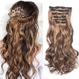 Synthetische pruiken Clip-in haar 20 inch 16 clips Lang synthetisch haar Hittebestendig haarstukje Natuurlijk golvend ombre haarstuk 6 stks / set LIHUI 240329