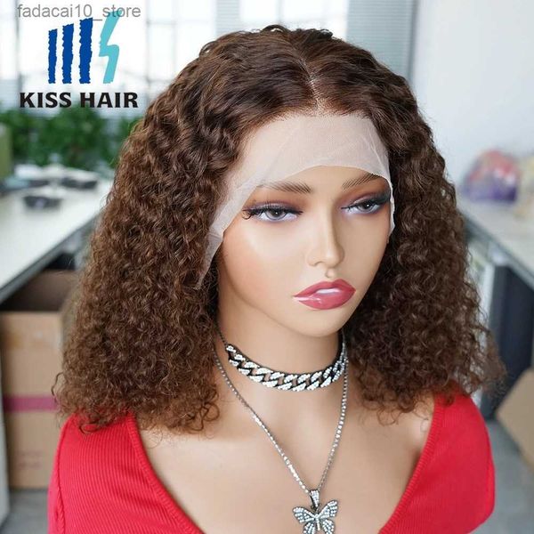 Perruques synthétiques colorées #4 ondulées Bob perruque cheveux humains brun foncé vague d'eau 13*4 dentelle avant perruques chocolat brun fermeture perruque birmane bouclée KissHair Q240115