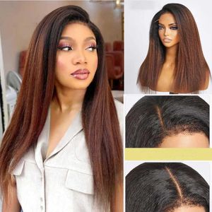 Synthetische pruiken Cosplaypruiken 26 inch(es) lang 180% dichtheid Ombre Bruin Yaki Kinky Recht Kanten Voorkant Pruik Voor zwarte vrouwen Natuurlijke haarlijn Met Afro-babyhaar 240329