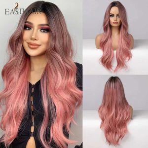 Synthetische pruiken Cosplaypruiken EASIHAIR Lang Ombre Roze Synthetische pruiken voor vrouwen Middelste stuk Golvend Cosplaypruiken Natuurlijk haar Pruik Hittebestendig Roze Rode Pruik 240328 240327