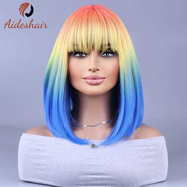 Pelucas sintéticas Pelucas de cosplay Peluca europea y americana Pelo corto y liso Peluca de moda con degradado multicolor Flequillo de aire femenino Cubierta de cabeza entera transpirable 240329