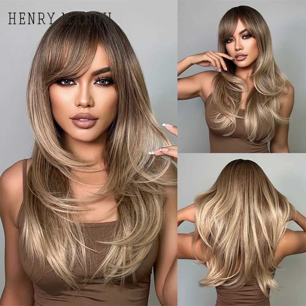 Synthetic Wigs Cosplay Wigs HENRY MARGU Brown Long Layered Wig for Women Straight Synthetic Wigs with Bangs Natural Ombre Brown Wig for Daily Heat Resistant 240329