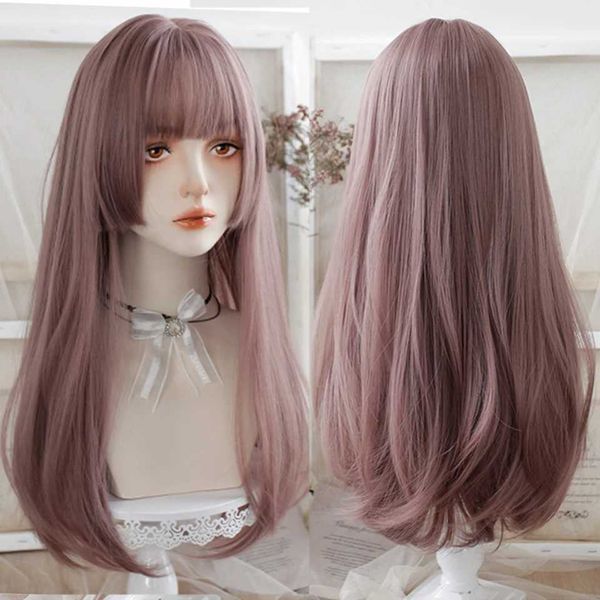 Pelucas sintéticas Pelucas de cosplay HOUYAN cosplay lolita peluca sintética de pelo largo y liso para niña peluca con flequillo negro de ratán fino rosa resistente al calor 240328 240327