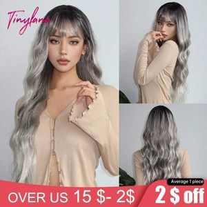 Perruques synthétiques Perruques de cosplay longues ondulées gris argenté ombré blonde avec frange bouclée platine cosplay perruques de cheveux naturels pour femmes afro fibre résistante à la chaleur 240327