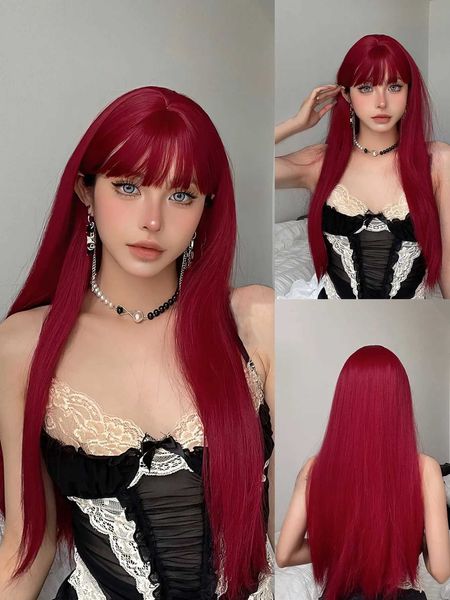 Pelucas sintéticas Pelucas de cosplay Pelucas largas de color rojo vino Pelucas rectas para mujeres Peluca de pelo sintético con flequillo Fiesta diaria Cosplay natural Peluca resistente al calor 240328 240327