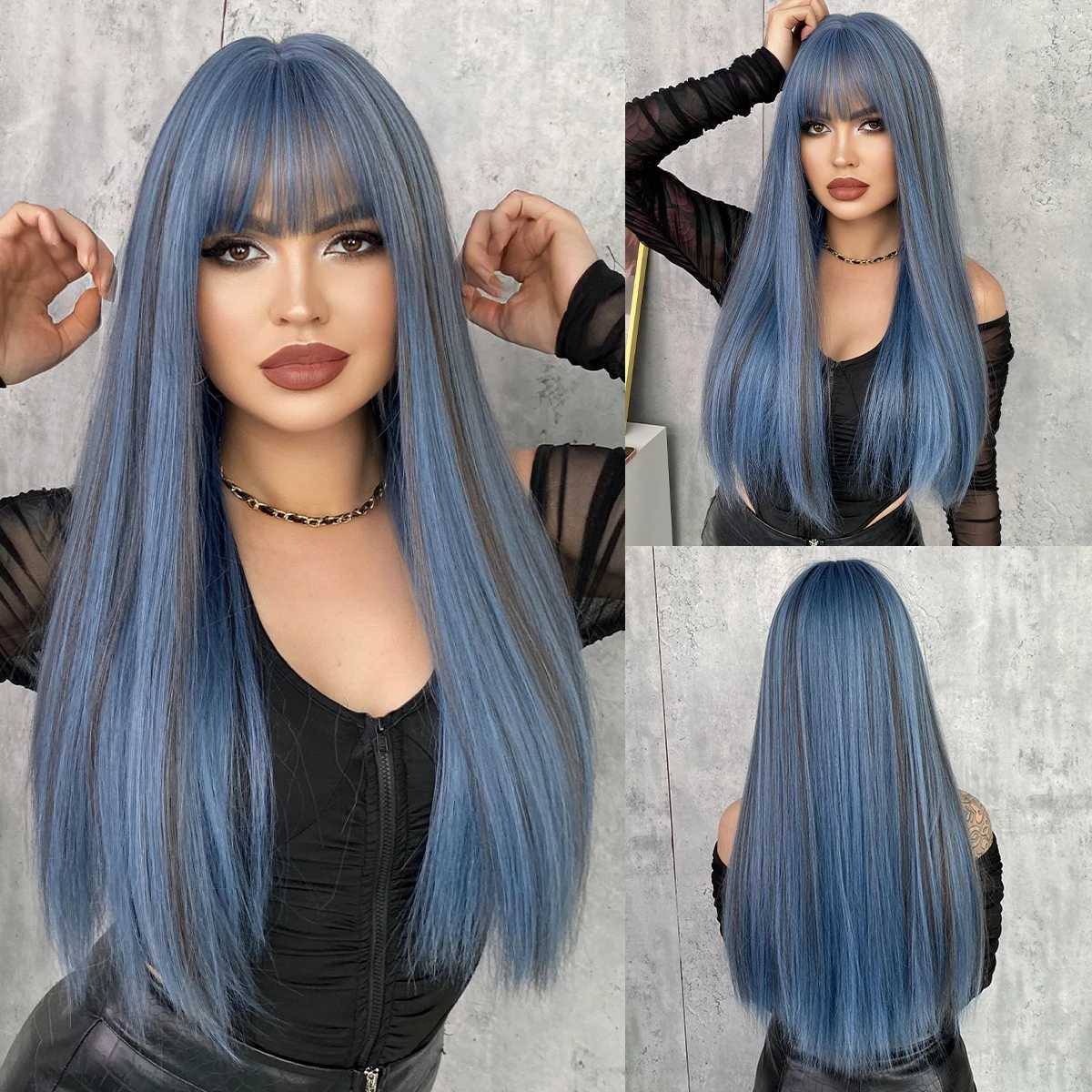 Sentetik peruklar cosplay perukları namm uzun düz mavi peruklar patlamalar ile kadınlar için doğal sentetik peruk
