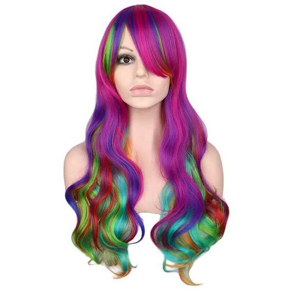 Pelucas sintéticas Pelucas de cosplay Peluca de pelo largo y rizado sintético colorido del arco iris Pelucas de alta temperatura para mujeres del partido de Cosplay 240328 240327