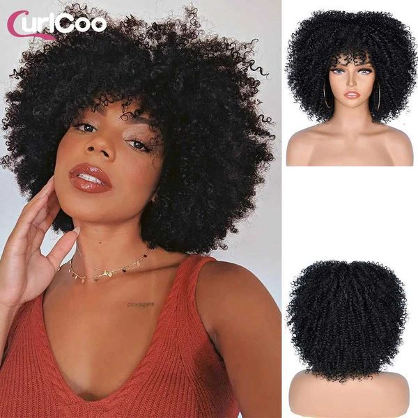 Pelucas sintéticas Pelucas de cosplay Pelo corto Pelucas rizadas afro rizadas con flequillo para mujeres negras Peluca sintética africana sin cola Cosplay rubia natural púrpura 240329