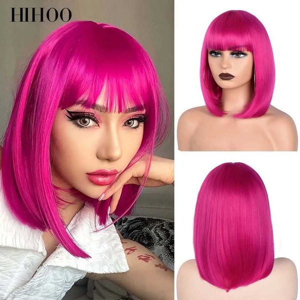 Pelucas sintéticas Pelucas de cosplay Peluca corta recta Bob para mujeres Pelucas sintéticas Marrón a rubio Ombre Cabello falso natural Peluca resistente al calor Peluca rosa con flequillo 240329