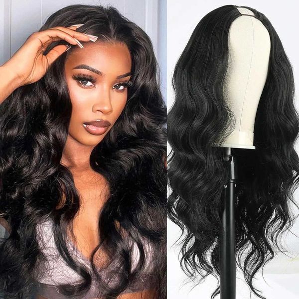 Perruques synthétiques Perruques de cosplay V Part Body Wave Perruque pour femmes noires Longues perruques ondulées Black U Part Wig 26 pouces Synthétique sans colle sans laisser de côté Perruque à partie fine 240328 240327