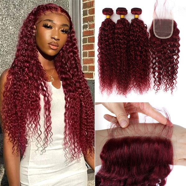 Perruques synthétiques Bouclés Cheveux Humains Weave Bundles Avec Fermeture 99j Cheveux Rouges Pour Les Femmes Brésiliennes Bourgogne 3/4 Bundles Avec Fermeture 230901