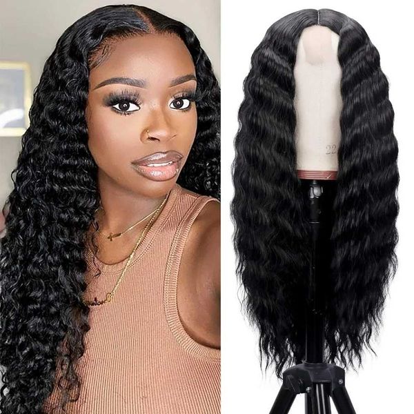 Pelucas sintéticas Peluca rizada Pelucas largas para mujeres negras Peluca delantera de encaje de onda profunda Cuero cabelludo simulado Parte media Sintético Rizos naturales Rizos Cabello 240329