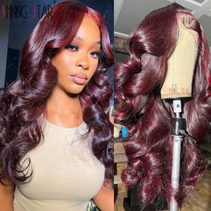 Synthetische pruiken Donker Bordeaux Kleur 13X4 Kanten Voorkant Pruiken Voor Vrouwen 13x6 Kanten Voorkant Pruik van echt haar 99J Body Wave Braziliaans haar Pruik Lijmloze pruik 240329