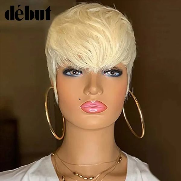 Perruques synthétiques Debut 613 couleur blond miel perruque courte ondulée Bob Pixie coupe pleine Machine faite perruques de cheveux humains avec frange pour les femmes noires Remy 230808