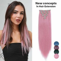 Perruques Synthétiques Easihair 20 Pouces 7pcs / set 16 Clips Cheveux Synthétiques Longs et Raides en Fibre Haute Température Rose Bleu Postiche 230227