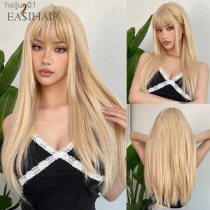 Perruques synthétiques EASIHAIR perruques synthétiques longues et droites blondes dorées avec frange perruque de cheveux Lolita beige pour femmes fête quotidienne fibre résistante à la chaleur L231024