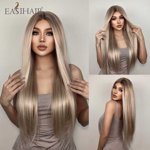 Synthetische pruiken EasiHair Blonde Long rechte kant front pruik met hoogtepunt synthetisch haar middelste deel voor vrouwen hittebestendige cosplay 230227
