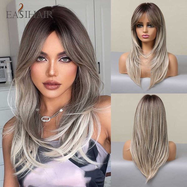 Pelucas sintéticas Easihair Marrón Rubio Ombre Pelucas sintéticas en capas para mujeres Cabello natural con flequillo Peluca de cosplay linda diaria resistente al calor 230227