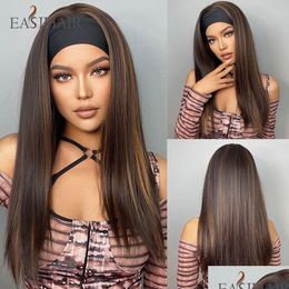 Perruques synthétiques Easihair Brown mélangé bandeau doré longue perruque de cheveux raides pour les femmes noires quotidien Cosplay résistant à la chaleur livraison directe Otd9C