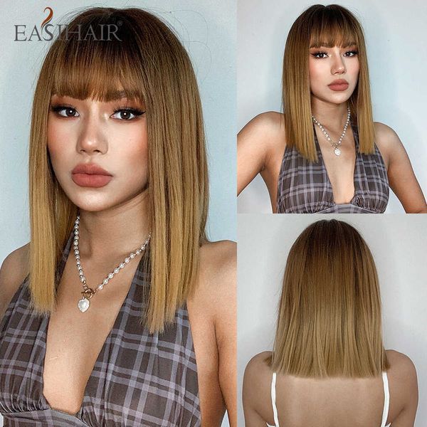 Perruques synthétiques Easihair Brown Ombre Straight Bob Perruques Femmes Synthétiques avec Frange Cheveux Naturels Haute Température Mignon Cosplay 230227